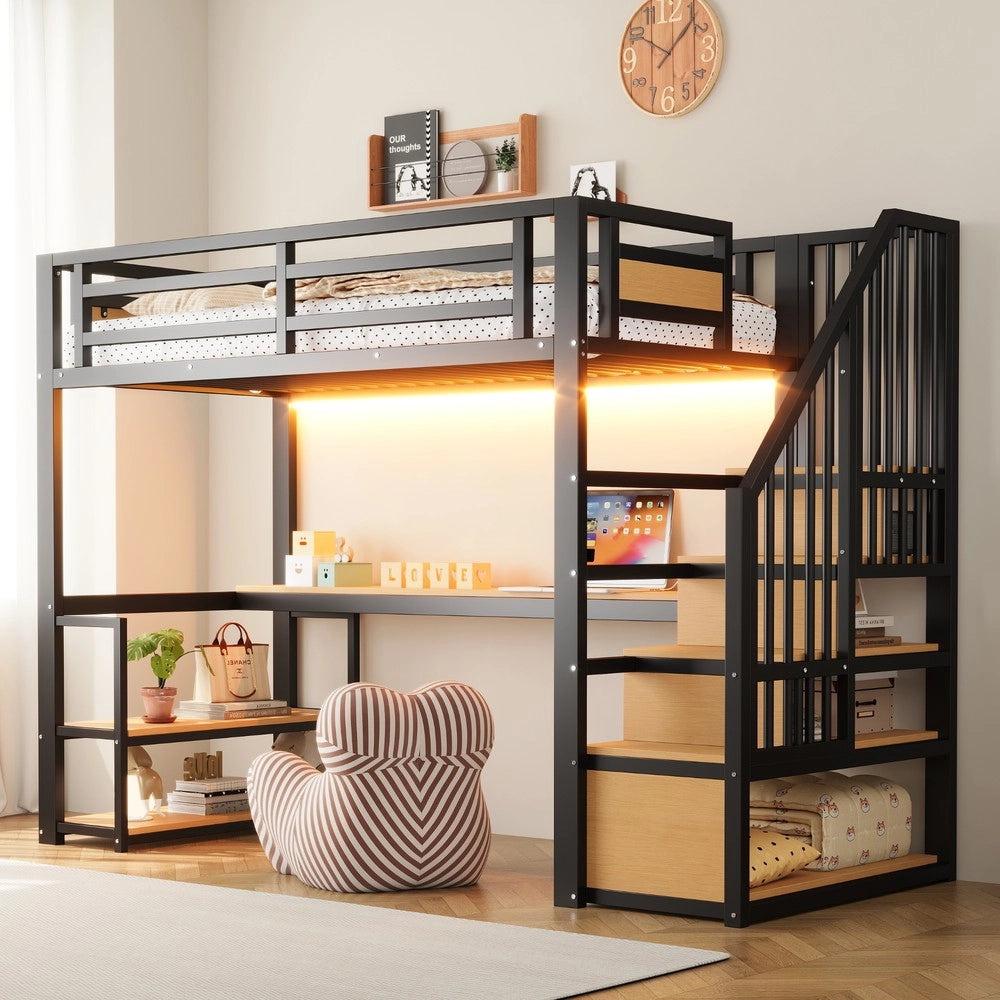 Letto a Soppalco in Metallo con LED, Presa, Ripiani e Tavolo ¨C Xylo ¨C Nero 90x200
