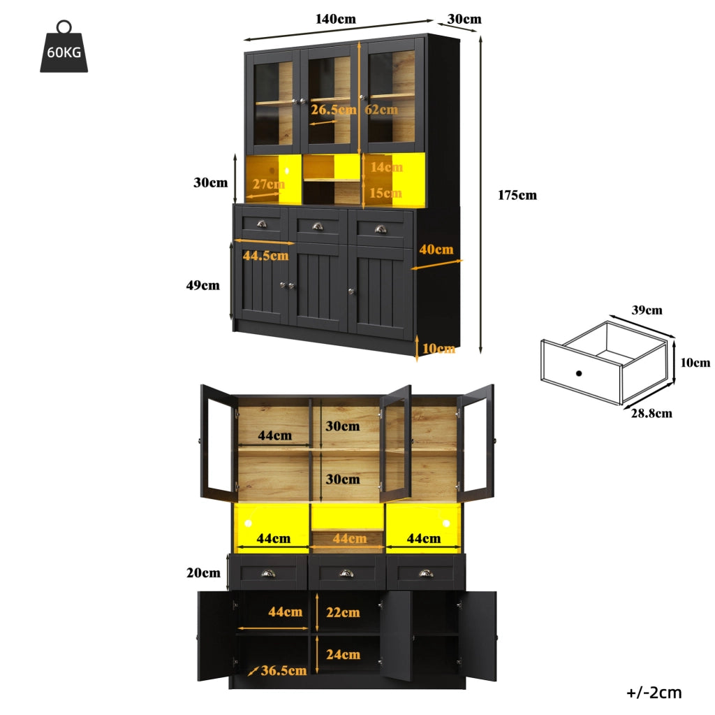 Credenza alta da cucina 140x40x175 cm con LED; 3 cassetti e ripiani regolabili; nera