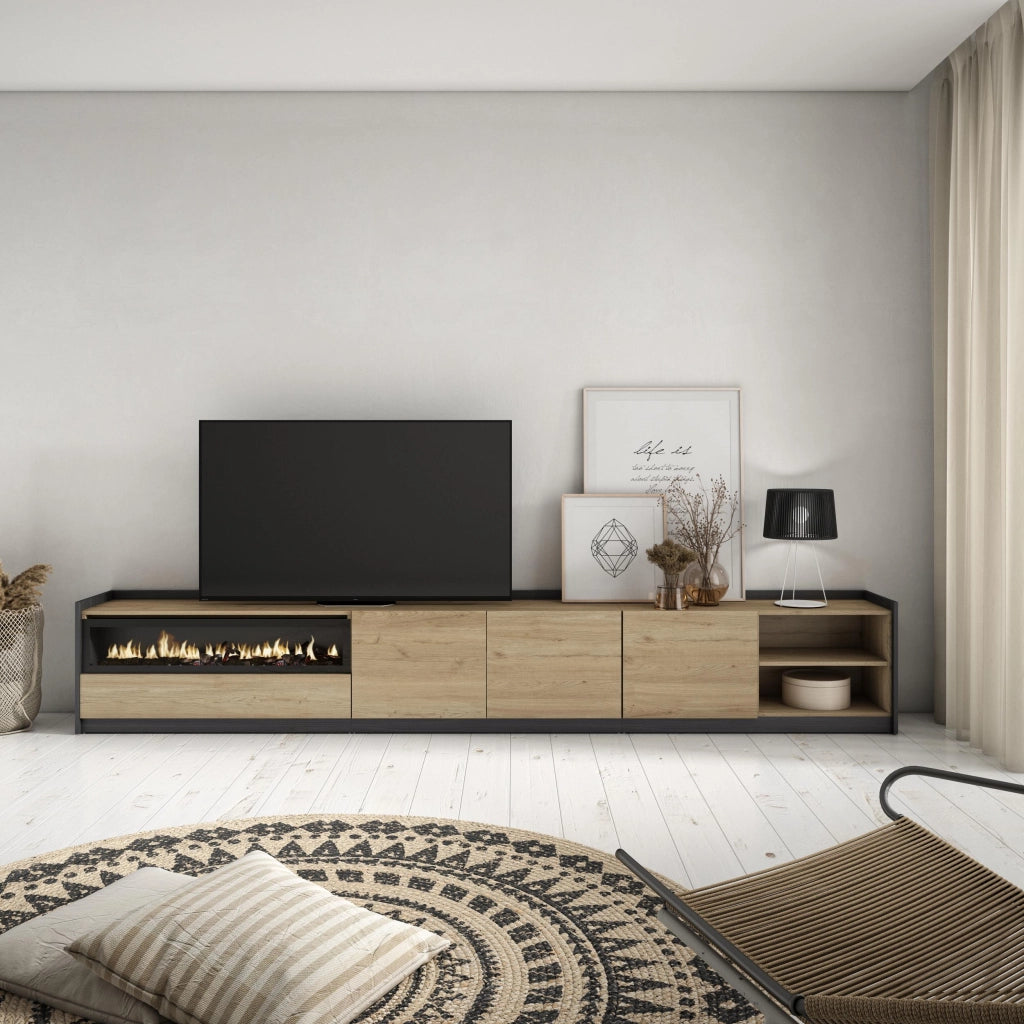 Mobile TV Soggiorno, 310x50x37 cm, Per TV fino a 80", Camino elettrico, Rovere e nero