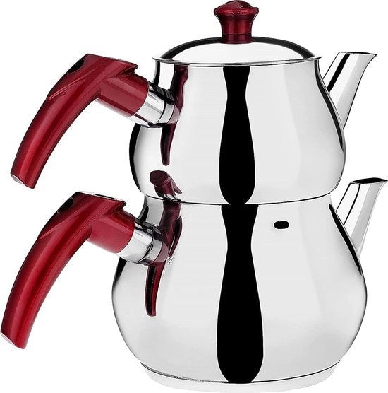 Set di teiere, teiere in acciaio inossidabile a doppio contenitore per il preparatore di tè su fornello con maniglia a stile samovar, teiera a vapore per il riscaldamento dell'acqua, Caydanlik (mini rosso)