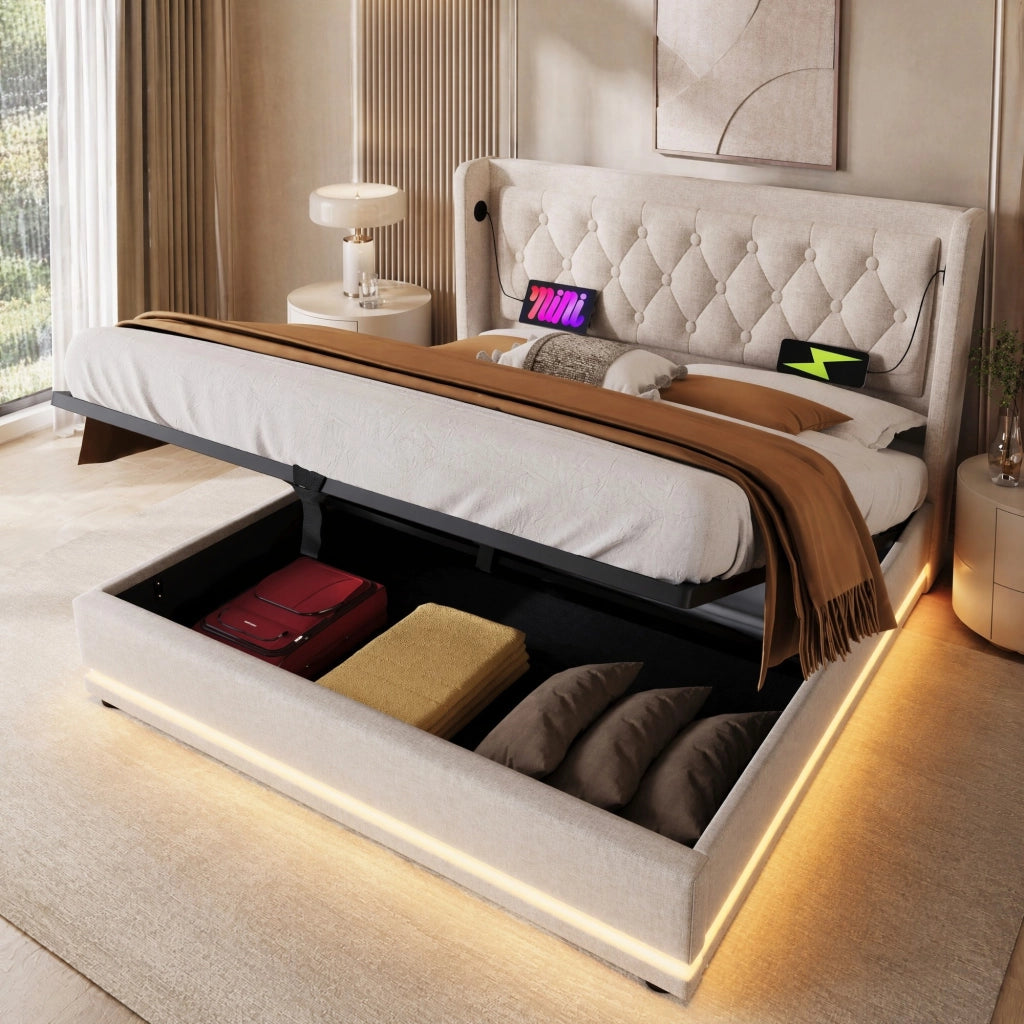 LETTO matrimoniale 160x200 cm beige in cotone con LED, USB e testiera capitonné