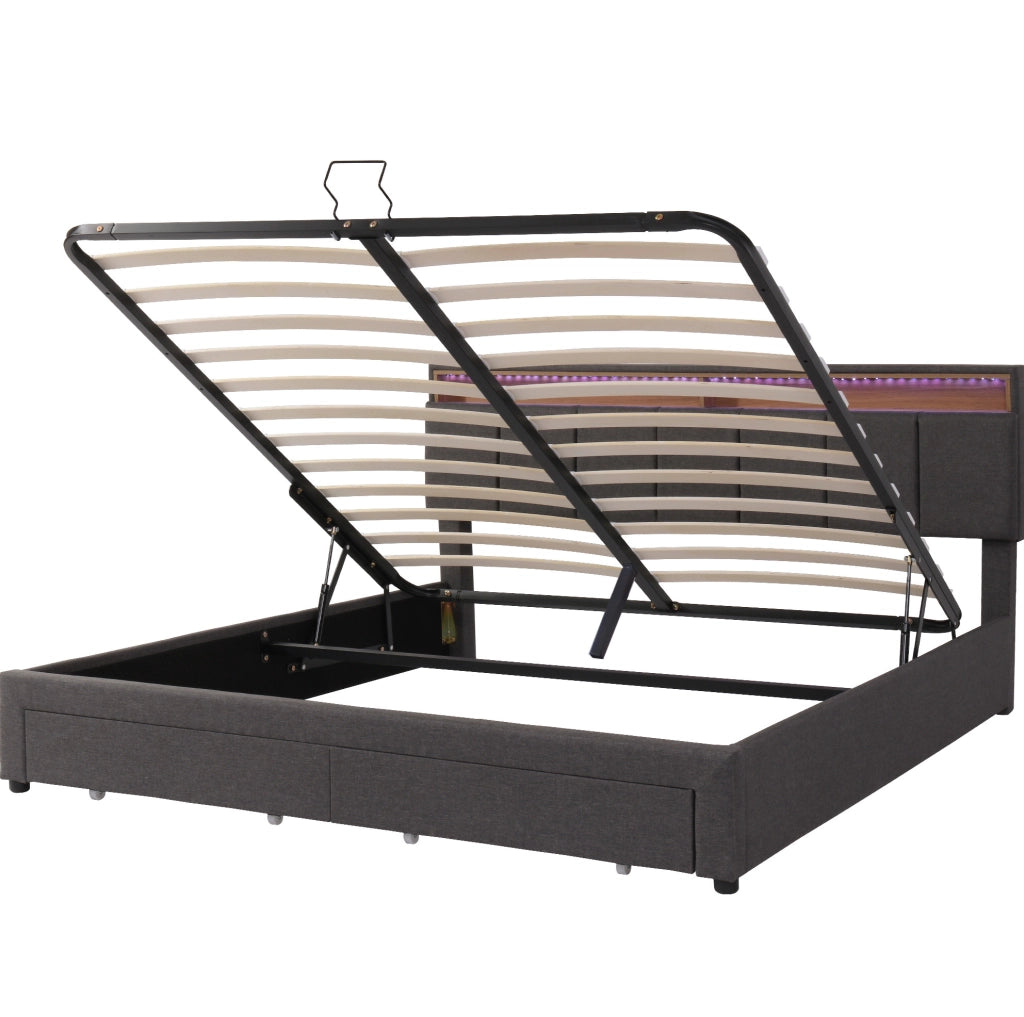 Letto imbottito matrimoniale 160x200 cm con LED; rete a doghe; contenitore; grigio scuro in lino e acciaio