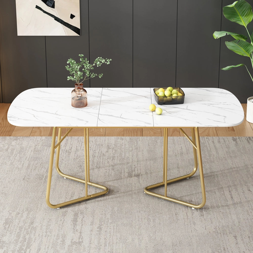 Tavolo allungabile da pranzo in MDF effetto marmo bianco con gambe in metallo dorato per sala da pranzo moderno