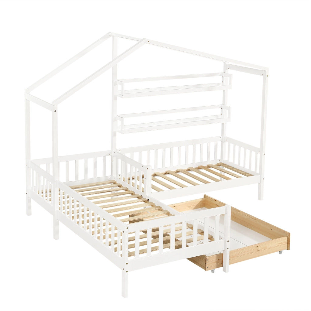 Letto casetta per bambini 200 × 90 cm e 140 × 70 cm con barriera; cassetto e 2 mensole; senza materasso