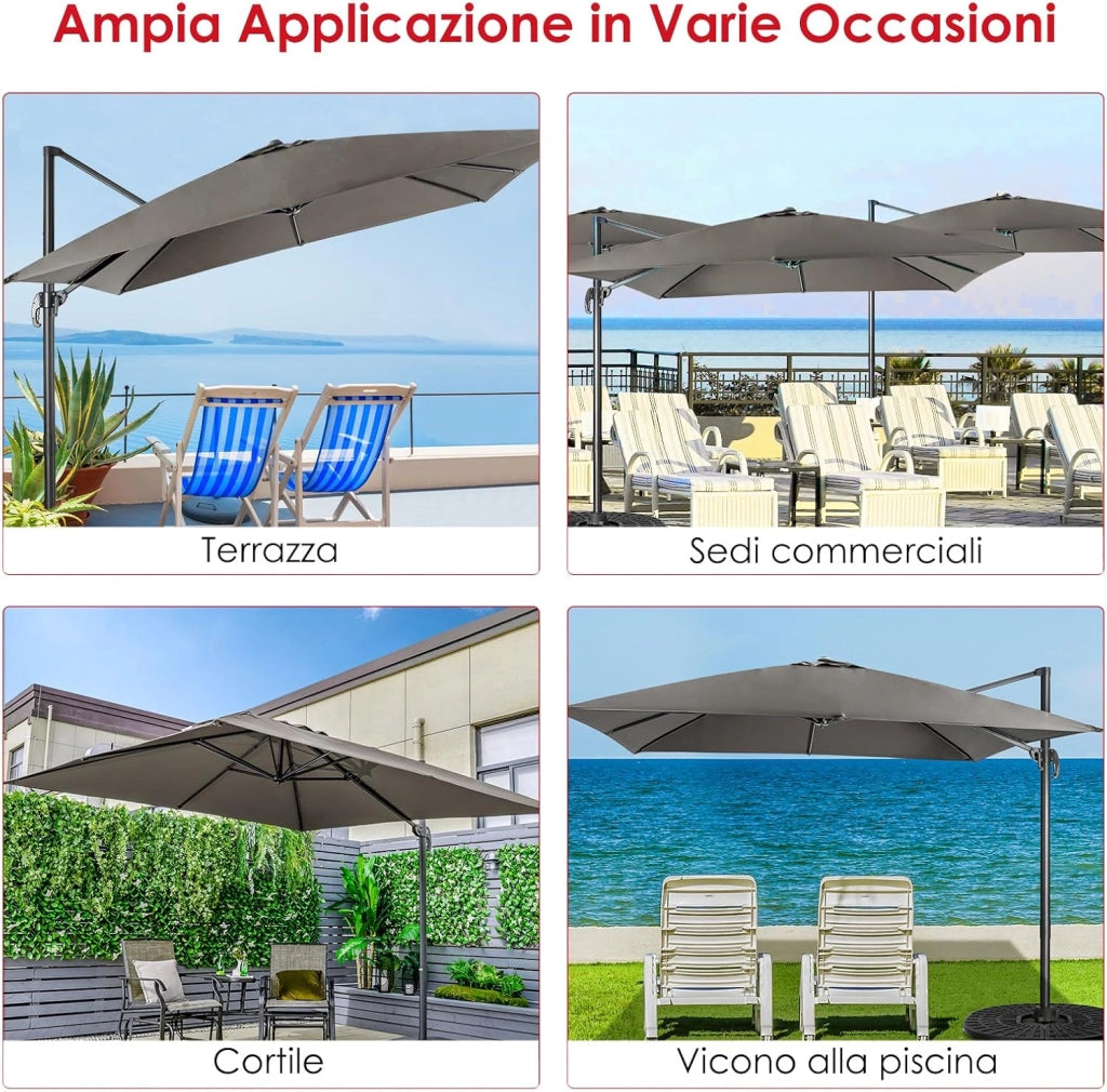Ombrellone da Giardino 300 x 300cm | 3 Inclinazioni, Rotazione 360°, Manovella, 8 Stecche, Base Incrociata per Esterno (Grigio, 300 x 300 x 273 cm)