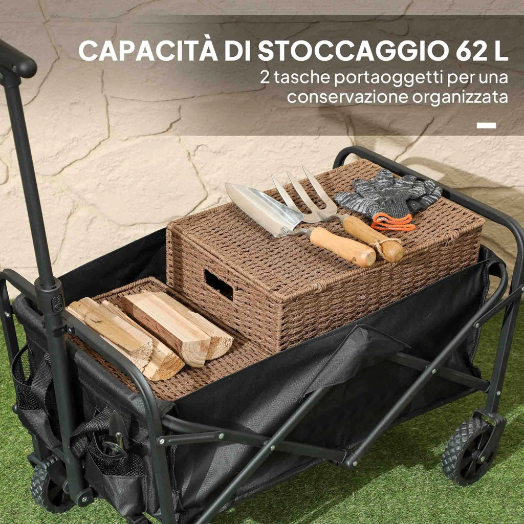 Carrello da Giardino 62L Pieghevole con Maniglia Regolabile, in Metallo e Tessuto Oxford, 76x48x86 cm, Nero