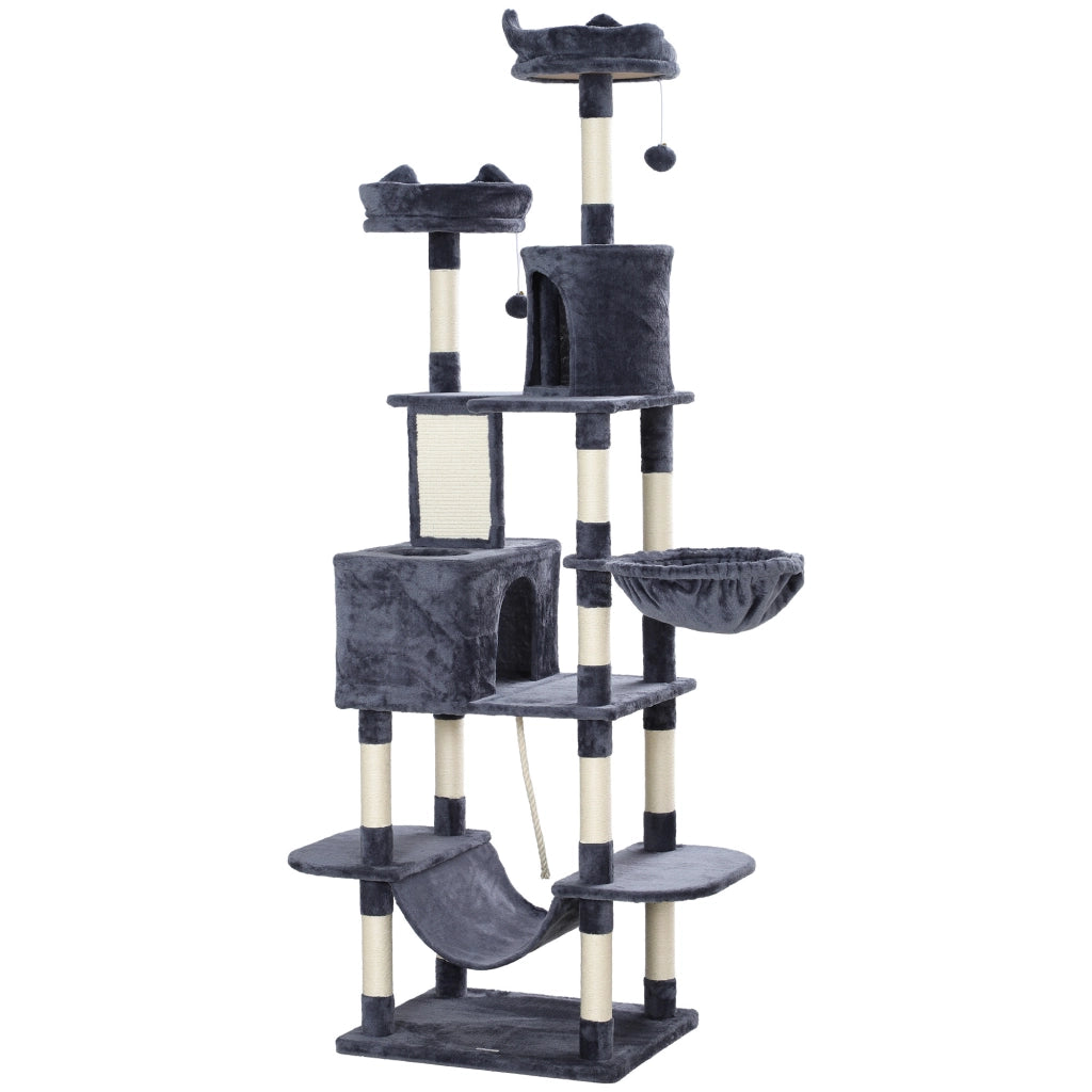 Albero per Gatti 60x50x206A cm con 4 Pali Graffiatoi Cesti Amache per 1-3 Gatti 6 kg in Peluche e Sisal Grigio Scuro
