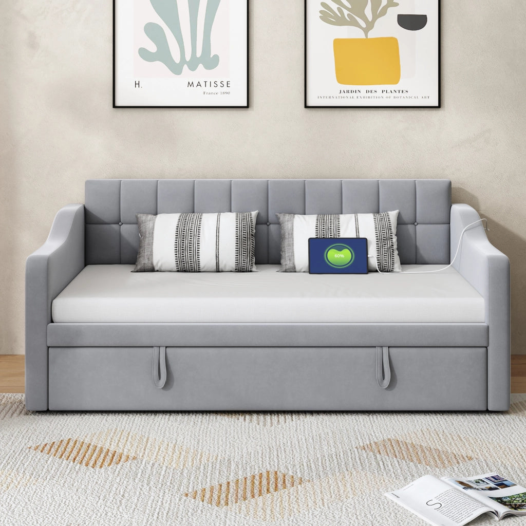 Letto divano 2 in 1 imbottito velluto grigio chiaro 90x190 cm