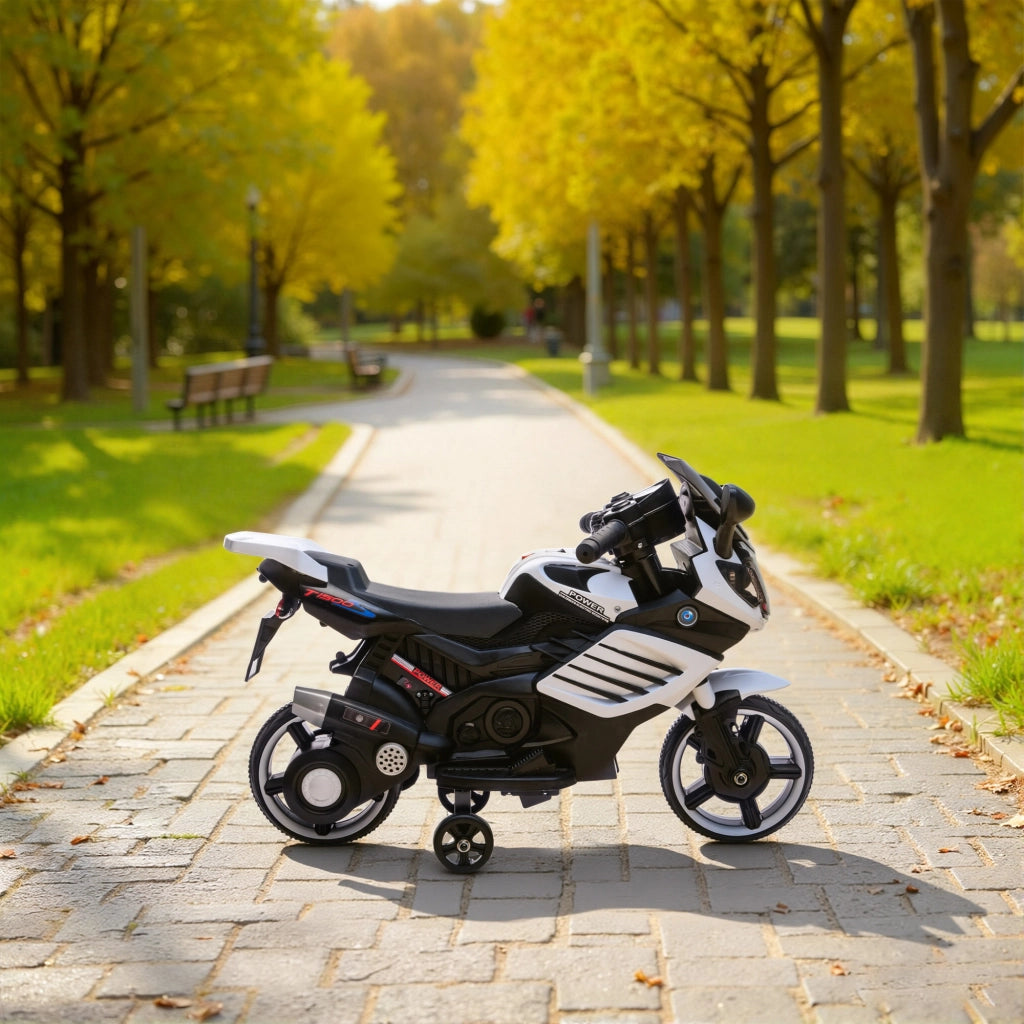 Moto Elettrica per Bambini da 6V con Rotelle Rimovibili Fari e Musiche Bianco