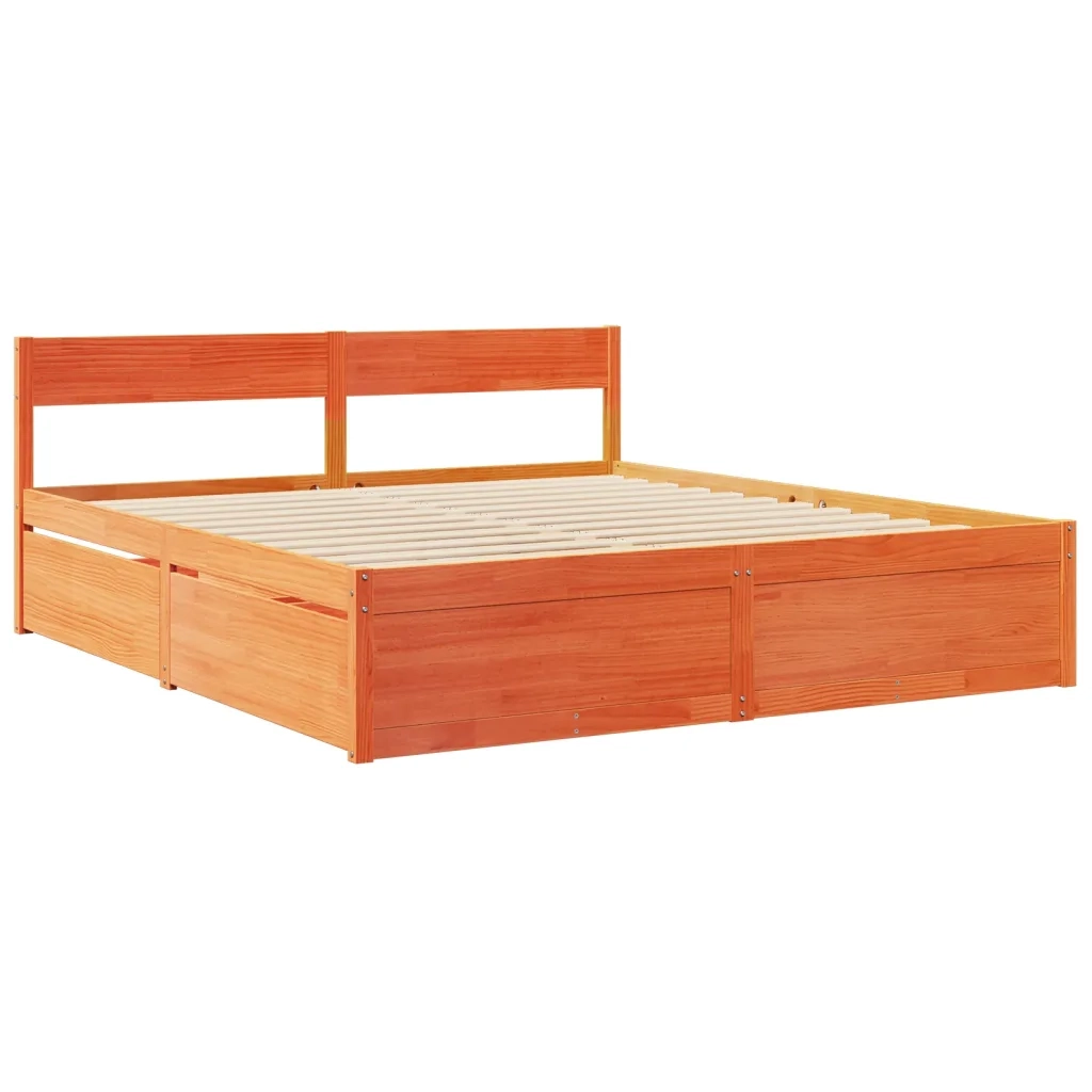 Letto Cassetti e Materasso Marrone Cera 200x200cm Massello Pino