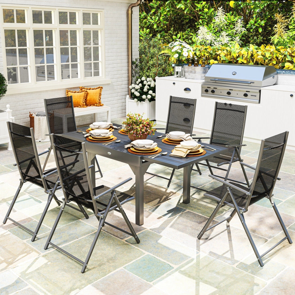 Set da Giardino con Tavolo da Pranzo Allungabile e 6 Sedie Pieghevoli in Acciaio Alluminio e Rete Grigio e Nero