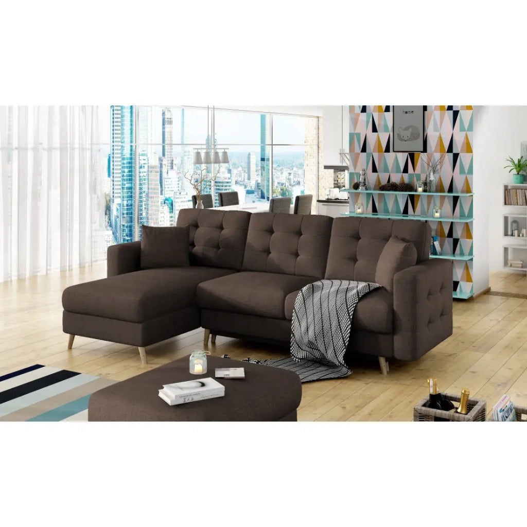 Divano angolare convertibile HASGARD 3 posti marrone 248x162 cm – cassapanca e piedi in legno