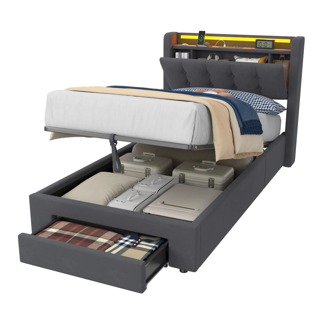 LETTO Imbottito 90 x 200 cm in Velluto con LED, USB e Contenitore