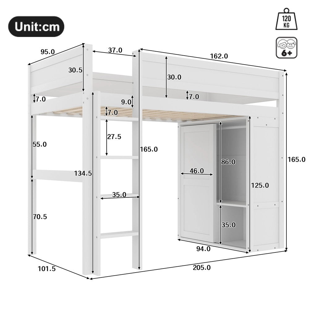 Letto a Soppalco con Armadio e Vano Contenitore ¨C MINIMAL ¨C Pino Bianco 90x200