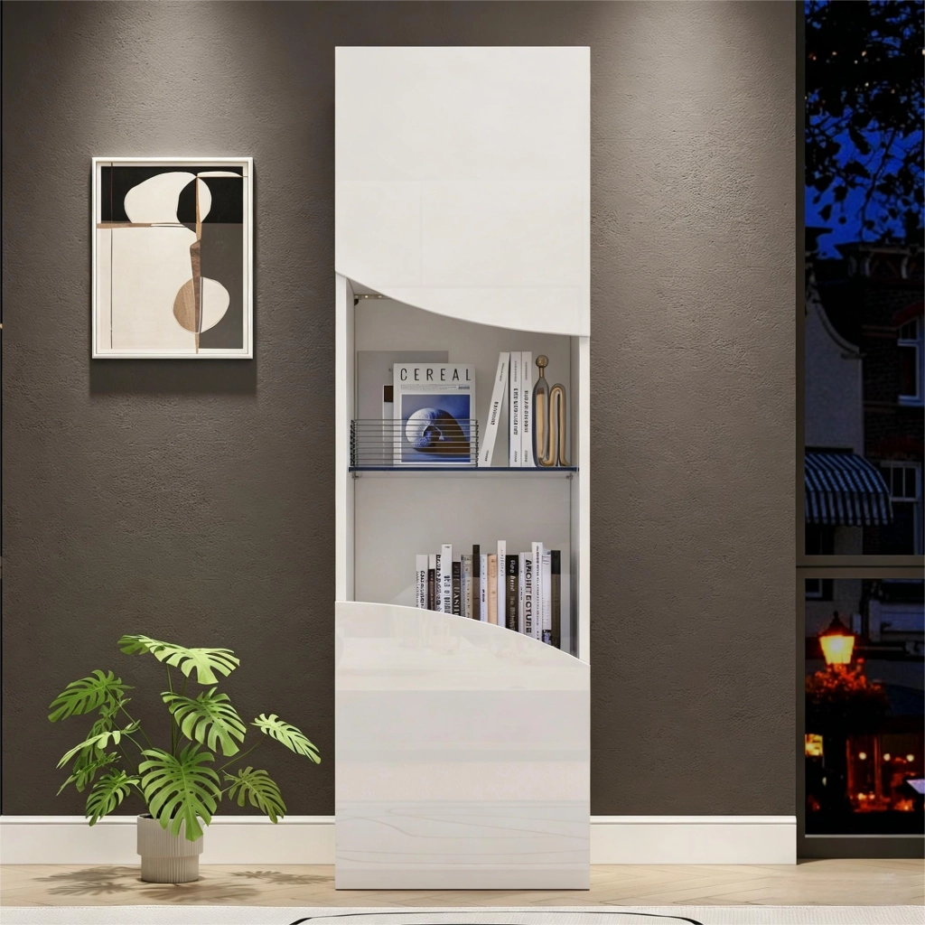 Vetrina alta con 4 ripiani e LED per soggiorno in truciolare e vetro 35×50×165 cm bianco