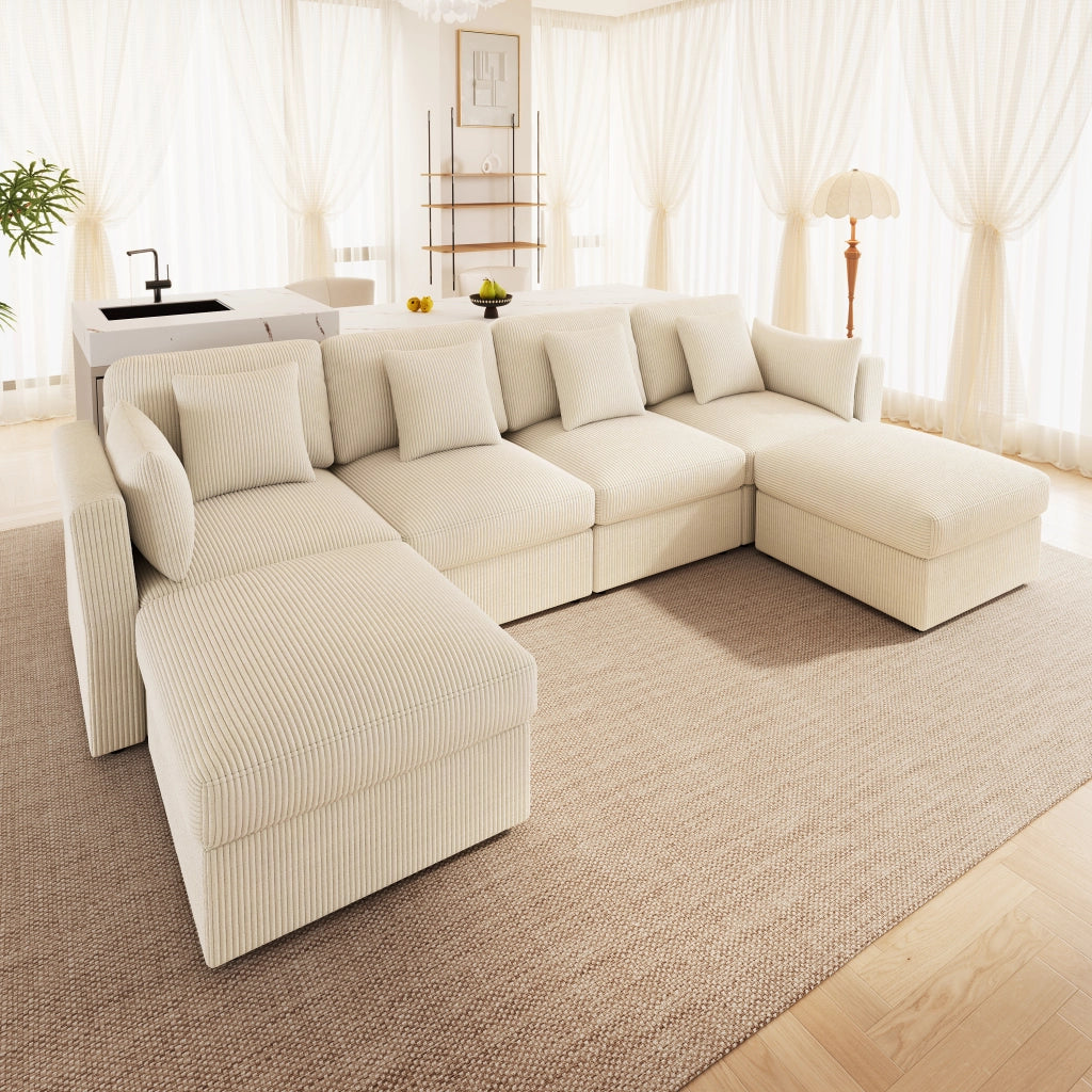Divano angolare modulare con braccioli regolabili e 2 pouf mobili in tessuto a coste beige 290 × 159,5 × 89 cm
