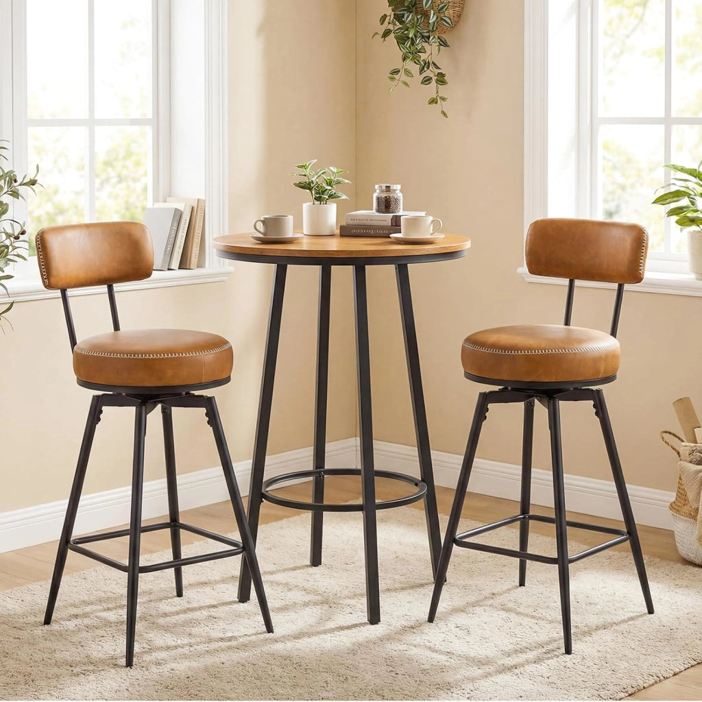 Set di 2 Sgabelli Girevoli, Sedie da Bar Moderne con Schienale Imbottito, Poggiapiedi e Gambe in Metallo, Sgabelli Imbottiti in Similpelle per Isola Cucina e Sala da Pranzo (Marrone, Rotondo)