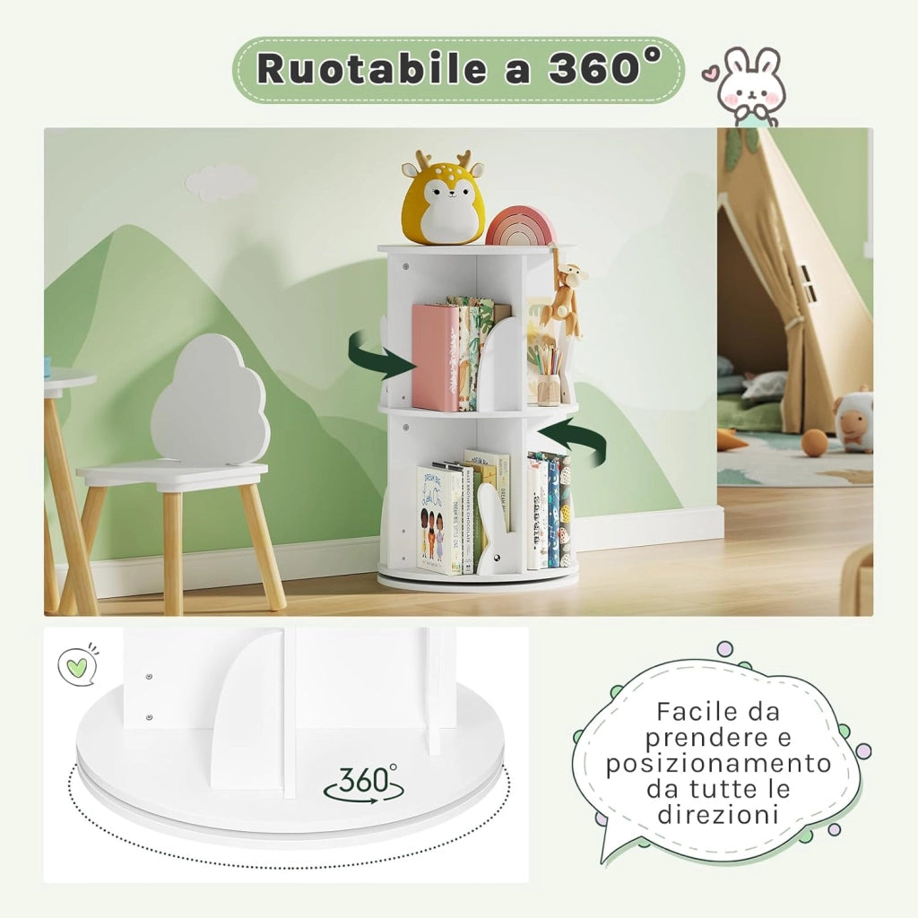 Libreria Rotante per Bambini a 2 Livelli, Porta Libri Girevole, Bianca per Soggiorno, Studio, Ufficio, Scaffale in Legno Autoportante