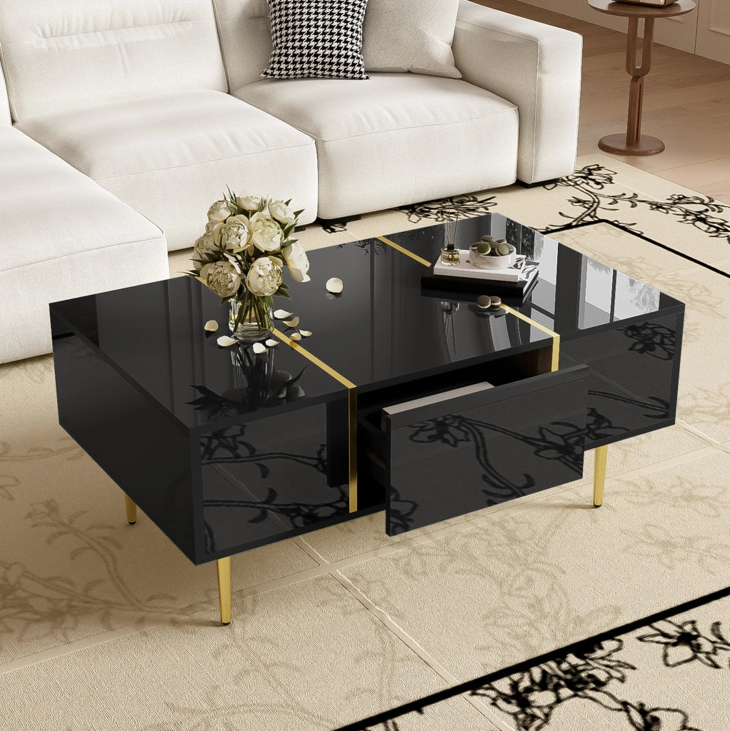 Tavolino da caffè nero lucido con 2 cassetti; MDF; 100x60x41;5 cm