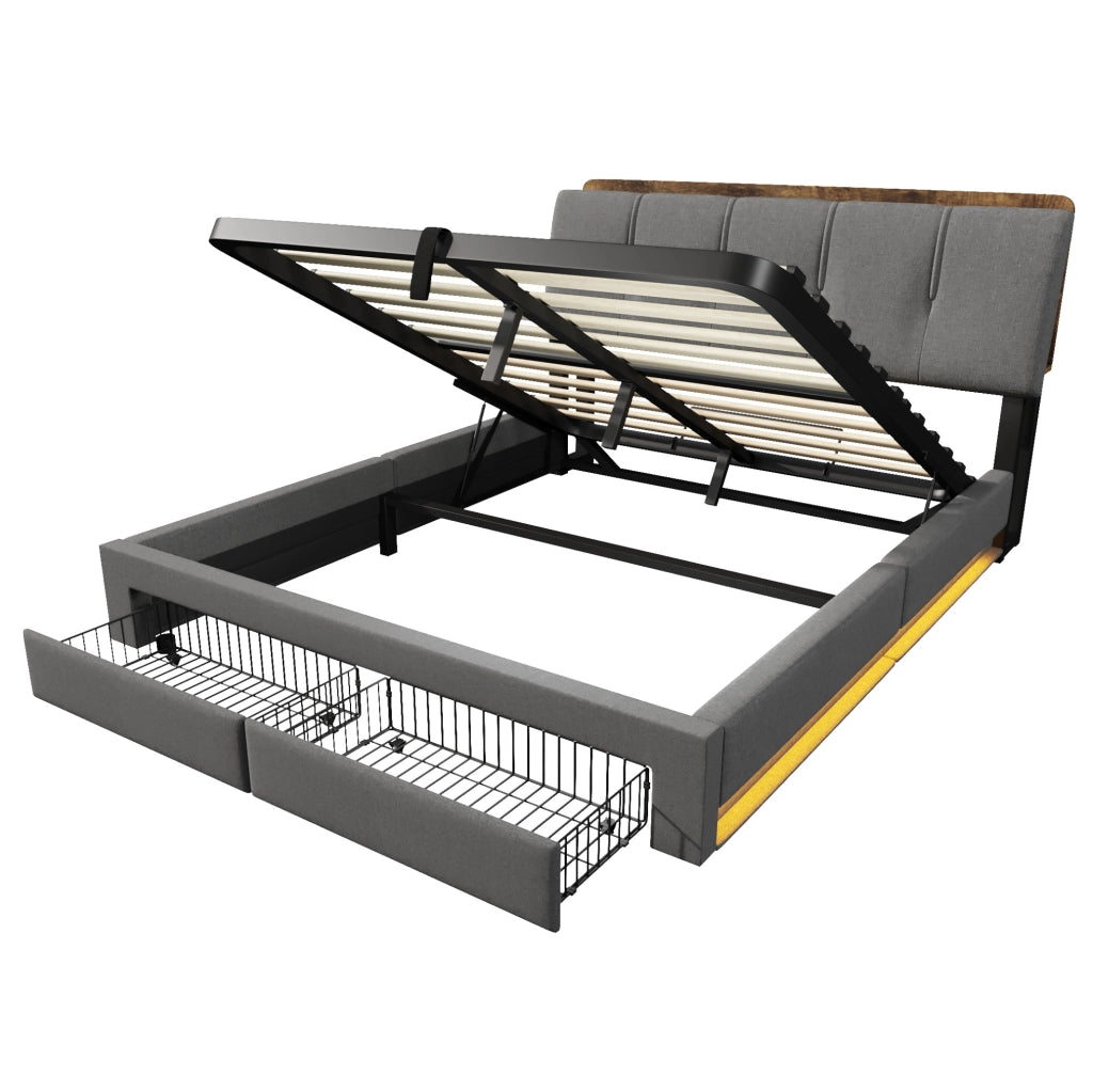 Letto imbottito 140x200 cm in lino grigio con contenitore idraulico; USB-C e LED