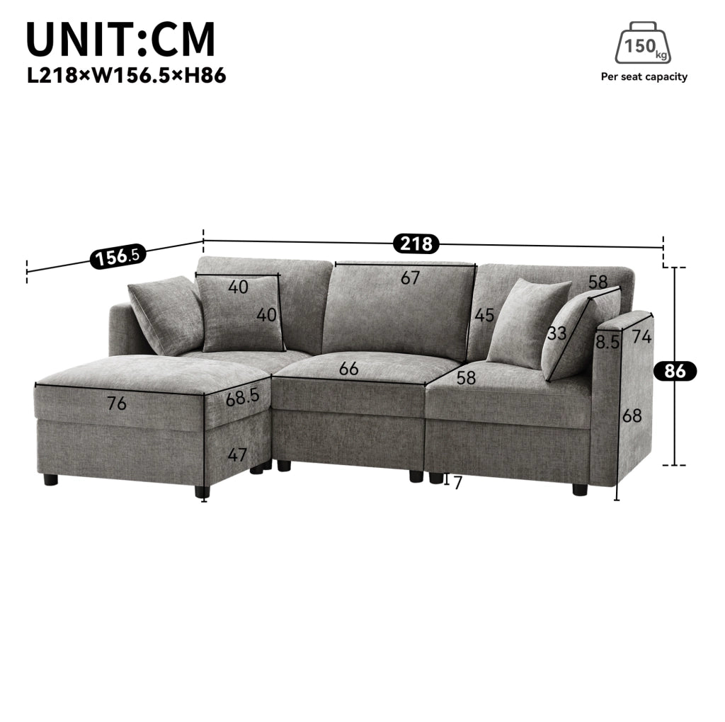 Divano angolare modulare a L con pouf; 3-4 posti; in tessuto Chenille grigio 218 x 156;5 x 86 cm