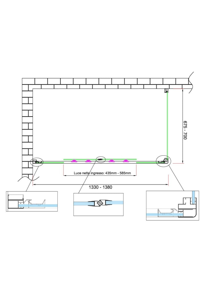 Box doccia 6 mm H 190 parete fissa e porta a 4 ante con apertura centrale MISURA 67,5-70 ANTA FISSA + PORTA 133-138