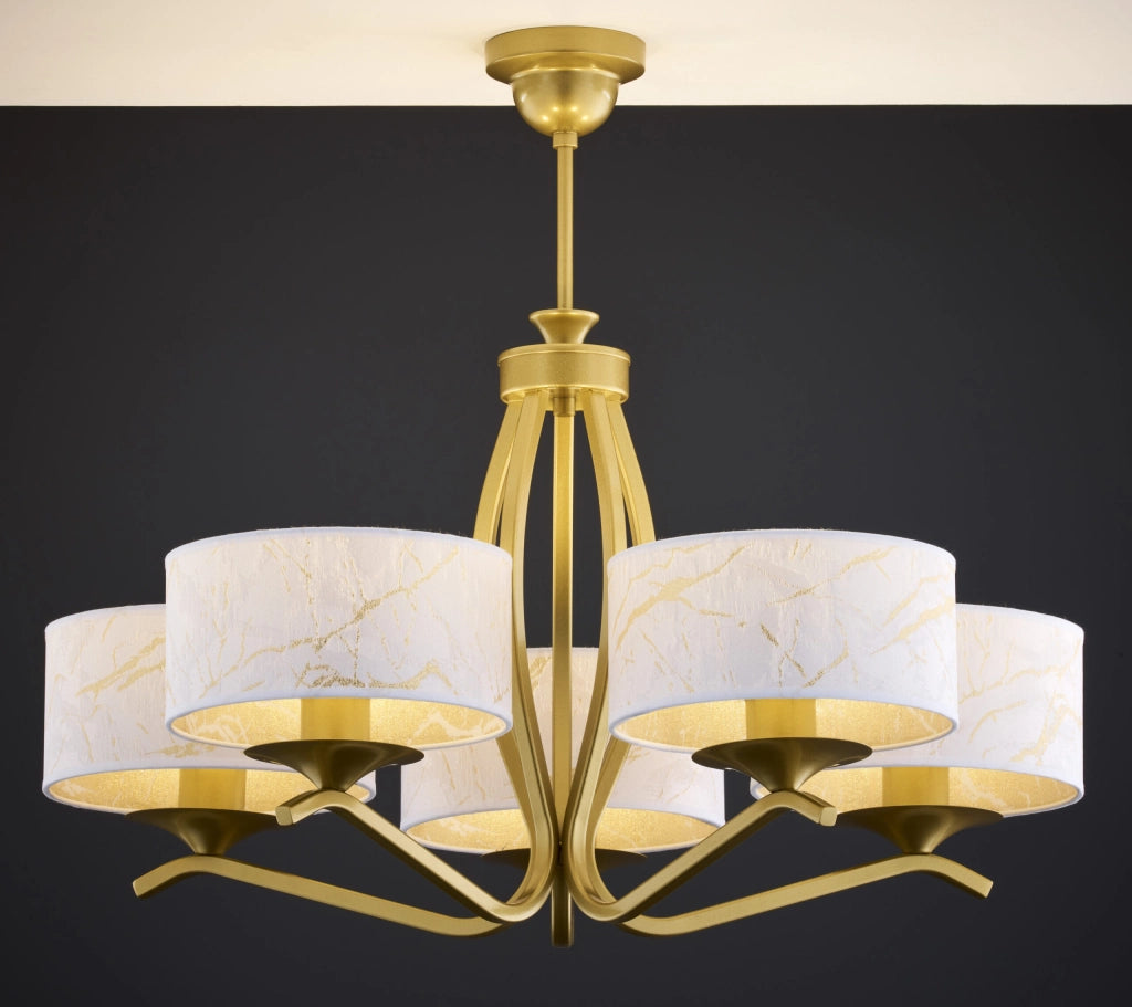 Lampadario Jupiter Kaszmir 5 luci oro con paralumi bianchi