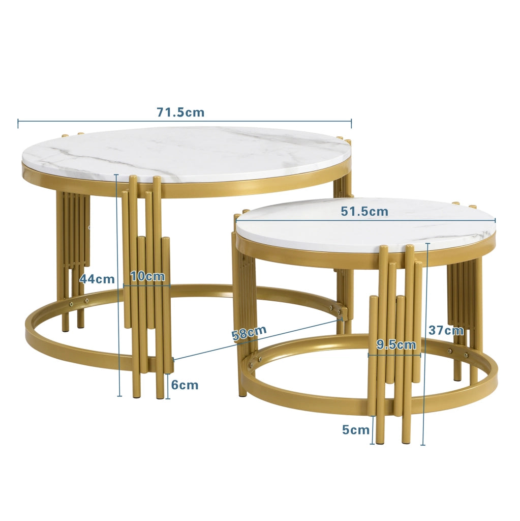 Set di 2 tavolini da caffè rotondi impilabili effetto marmo; MDF e metallo; bianco e ottone anticato