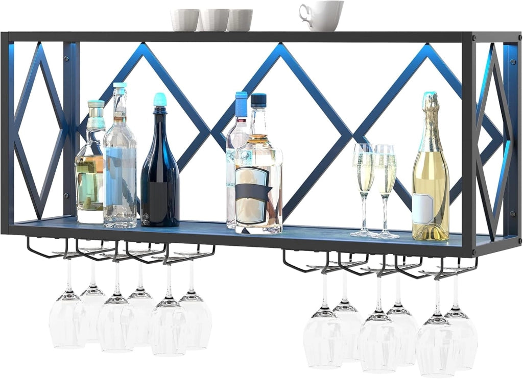 Portabottiglie da Parete, Scaffale per Esposizione di Vino con Striscia LED a 16 Colori, 6 File di Portabicchieri, Scaffale per Conservare 39 Bottiglie e 12 Bicchieri, 51 x 26,5 x 60 cm