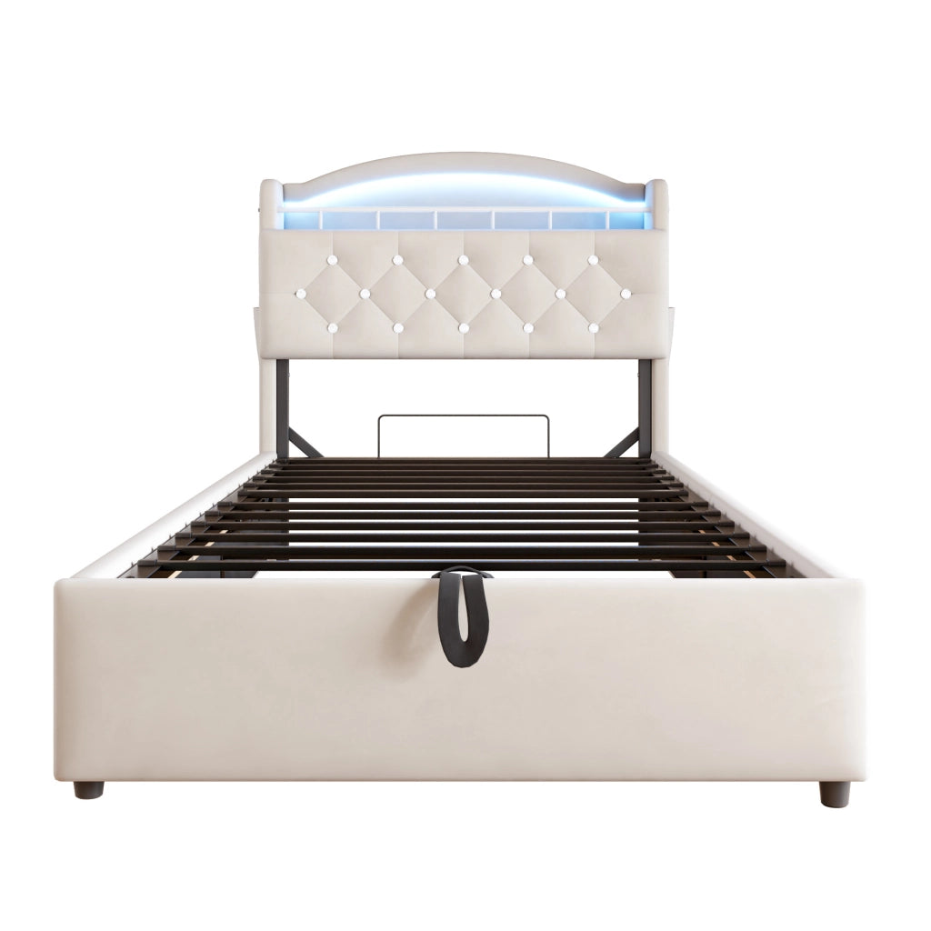 Letto Singolo Imbottito per Bambini 90x200 cm con Contenitore, LED e USB, Rivestimento in Velluto Beige