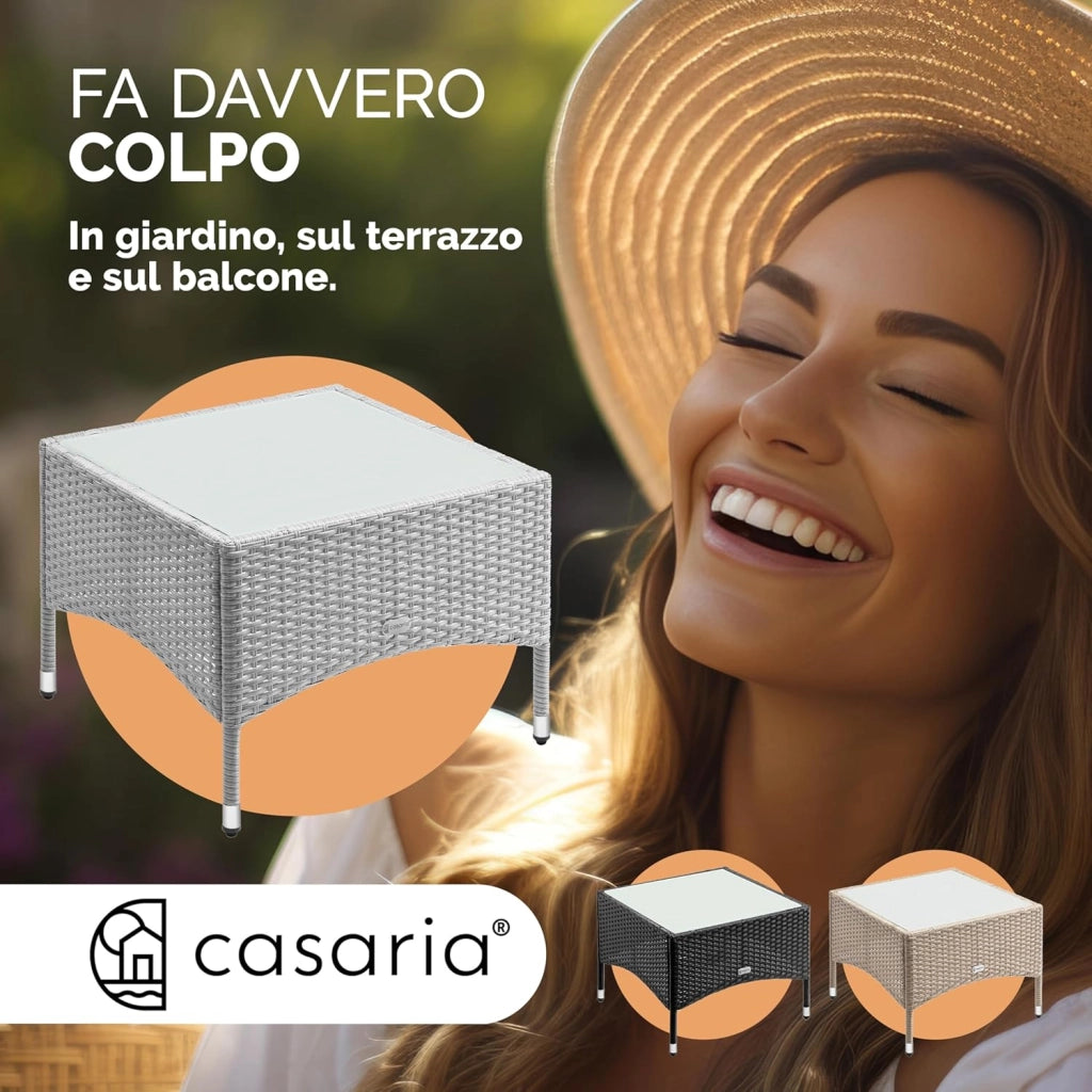 ® Tavolino da Giardino Esterno in Polyrattan 58x58x42cm Piano in Vetro Tavolo Basso da Caffè Quadrato Poggiapiedi