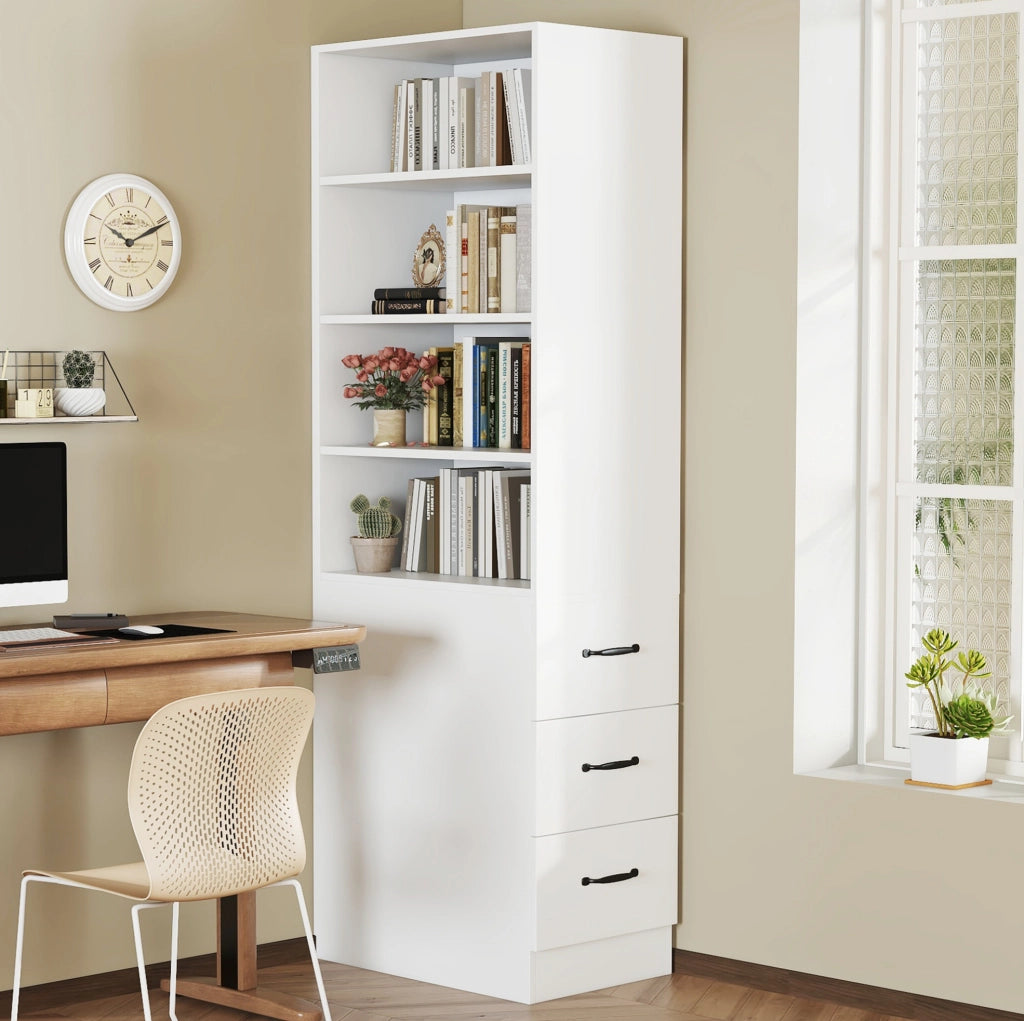 Libreria stretta 60x38x180 cm con 3 cassetti laterali e ripiani regolabili; bianca