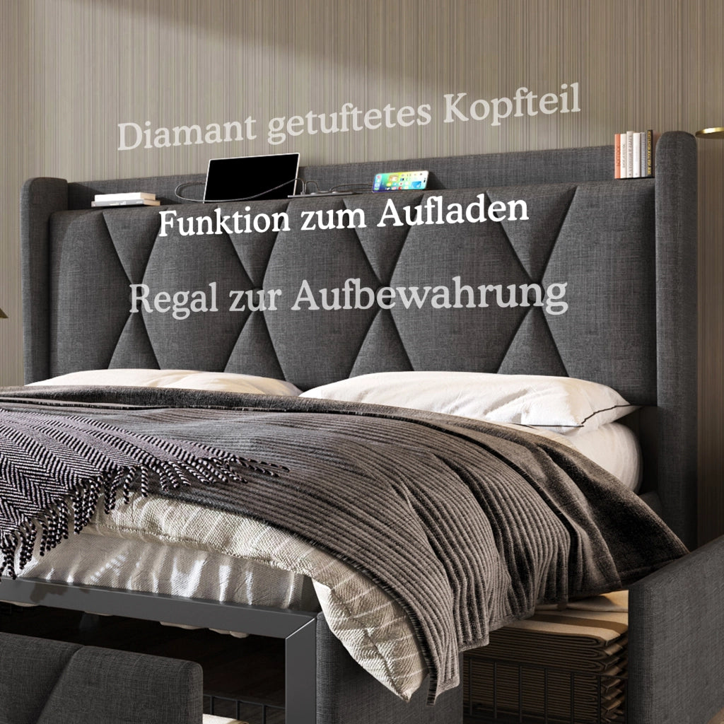 LETTO Contenitore 160x200 cm Grigio in lino con 4 cassetti