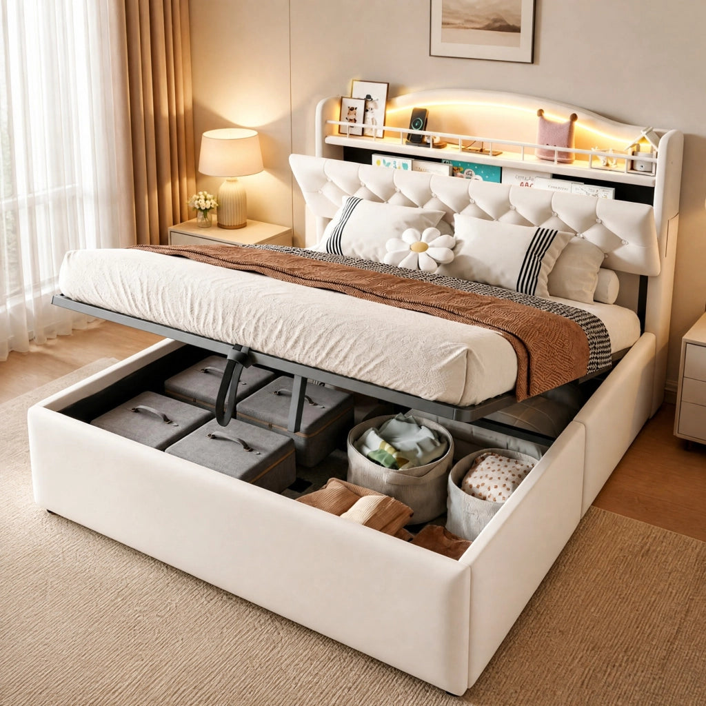 Letto contenitore 140 × 200 cm con sollevamento idraulico, USB e USB-C, vano testiera, senza materasso, beige