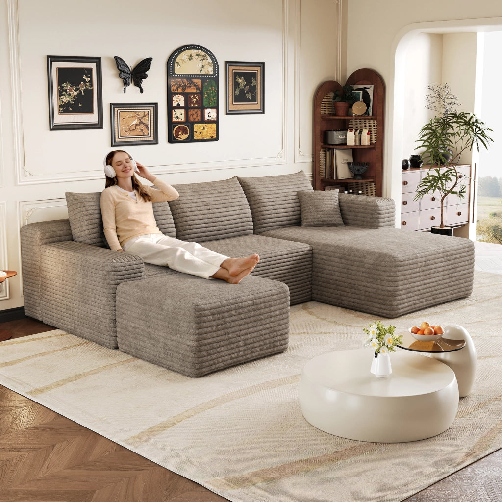 Divano ad angolo in tessuto con schiuma ad alta elasticità e montaggio facile, stile moderno, per soggiorno, cammello
