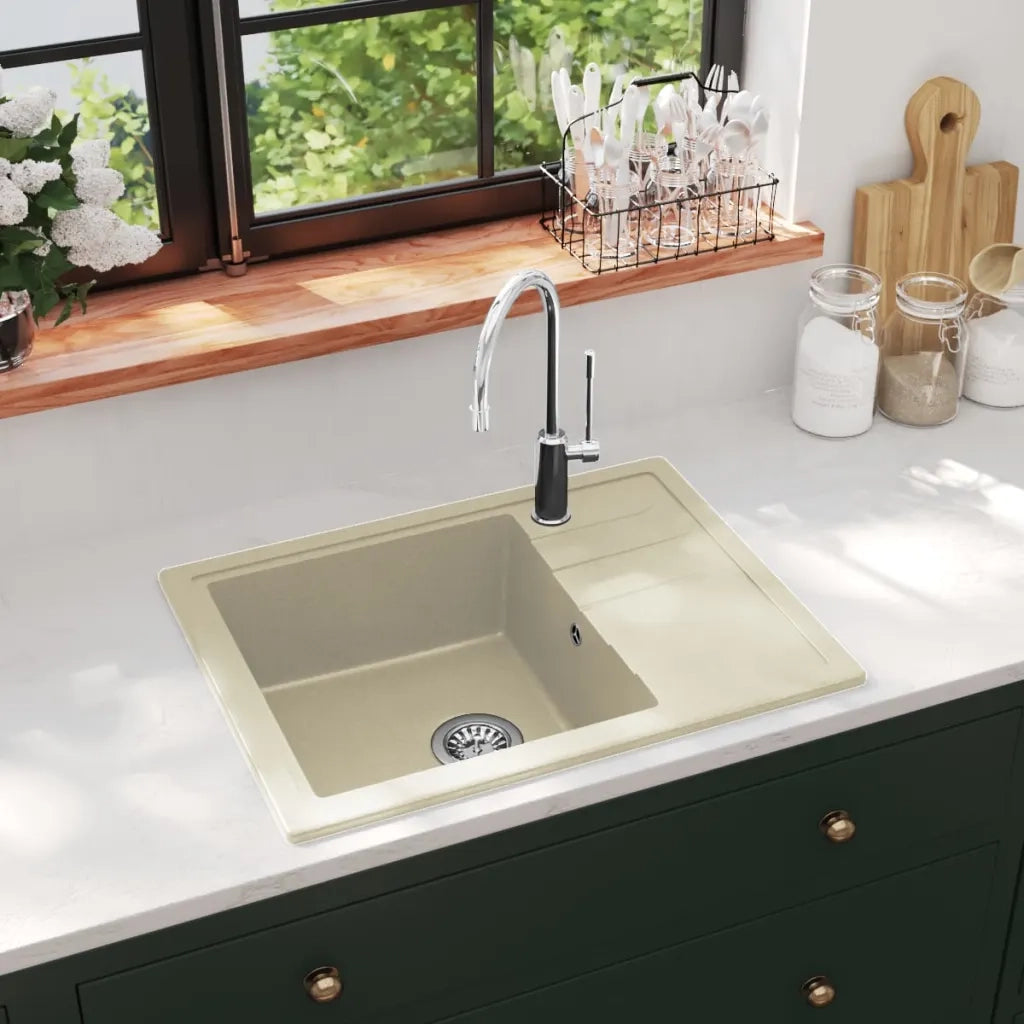 Lavello da Cucina con Foro Troppopieno-Lavandino-Lavabo Ovale Beige in Granito