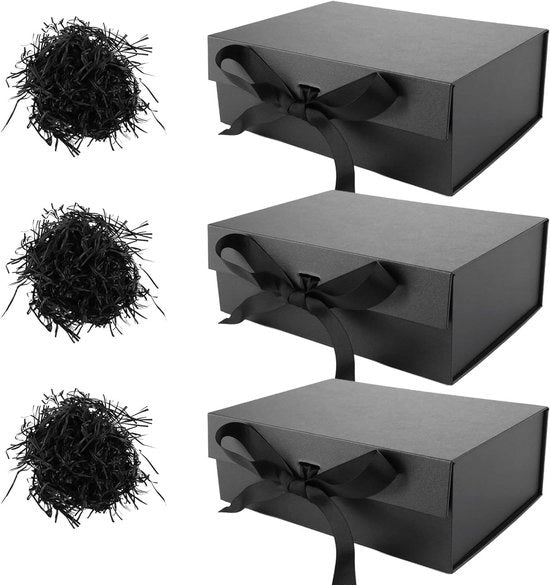 Pacchetto di regalo tridimensionale nero con coperchio - 24 x 17 x 85 cm - scatola magnetica con nastri e rafia - per matrimoni, Natale, compleanni, anniversari - scatole di regalo lussuose - versatile nell'uso.