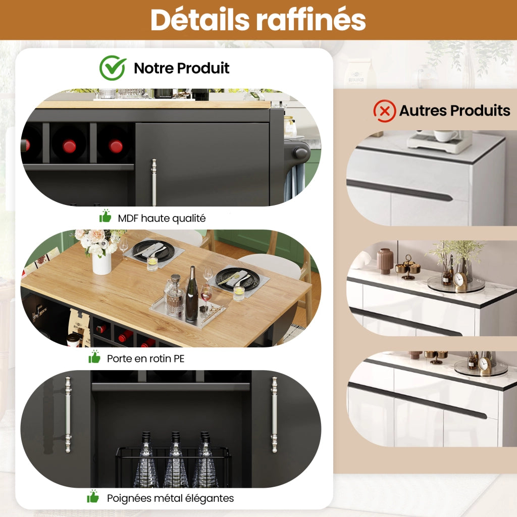 Carrello da cucina con 2 Cassetti; 2 Ante; Ripiani; Portasciugamani e Piano Pieghevole; in MDF; 137;9x45x92 cm; Nero
