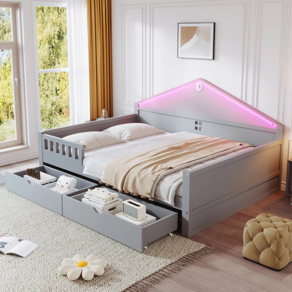 Letto multifunzione 140x200 cm grigio con LED e 2 cassetti