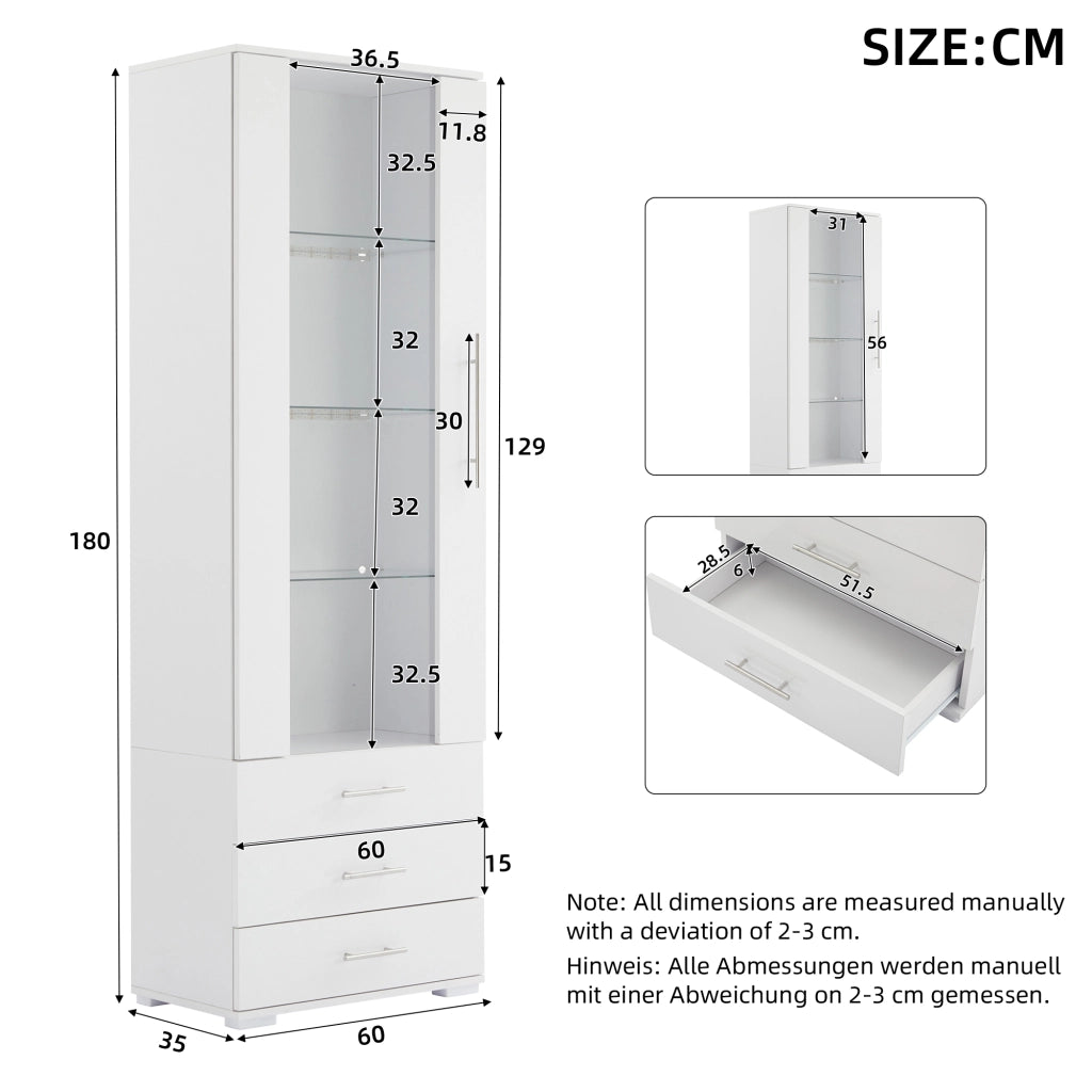 Vetrina con LED da app, 1 anta e 3 cassetti, fronte lucido, per soggiorno, in MDF, bianco, 60 × 35 × 180 cm