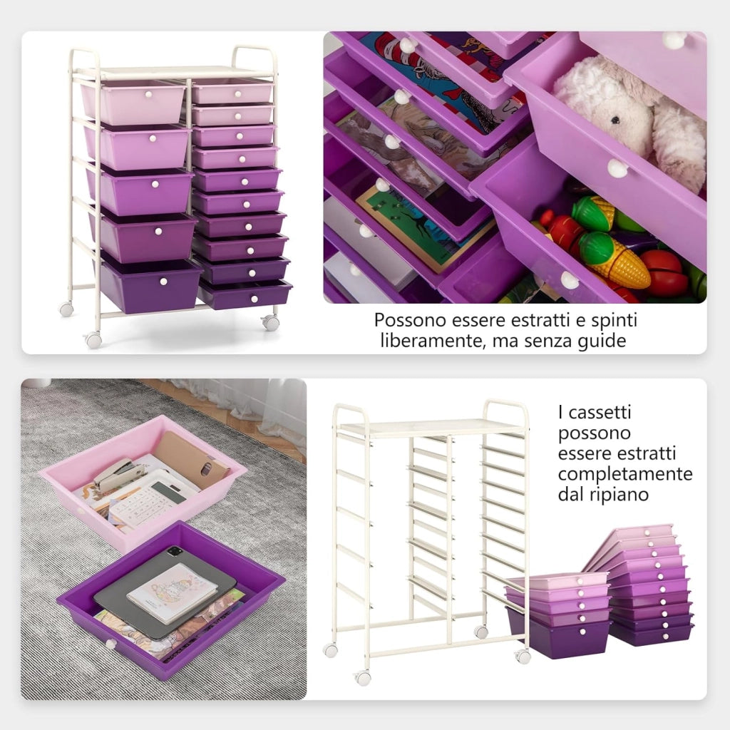 Carrello con 15 Cassetti Impilabili, Carrello di Stoccaggio con Ruote, Carello Portaoggetti per Casa e Ufficio, 62,5 x 37 x 87 cm (Viola)