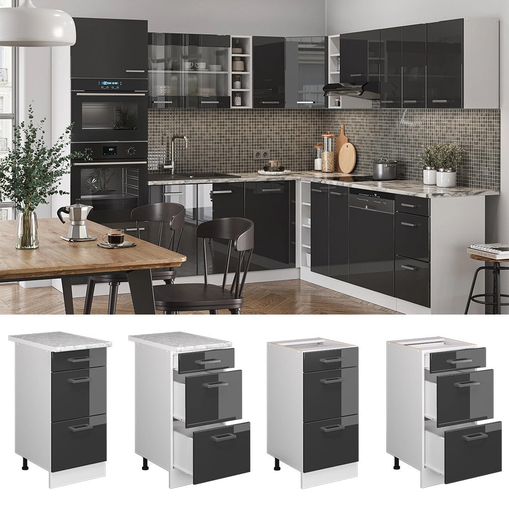 Mobiletto base per cucina R-Line Antracite lucido/Bianco 40 cm con cassetti, senza piano di lavoro Vicco