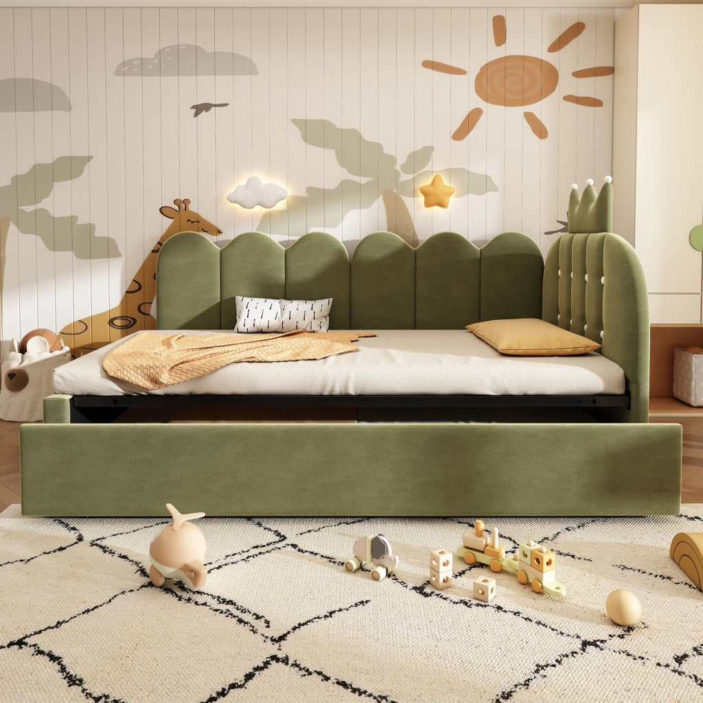 LETTO con letto estraibile 90x200 cm in velluto verde, design corona e griglia