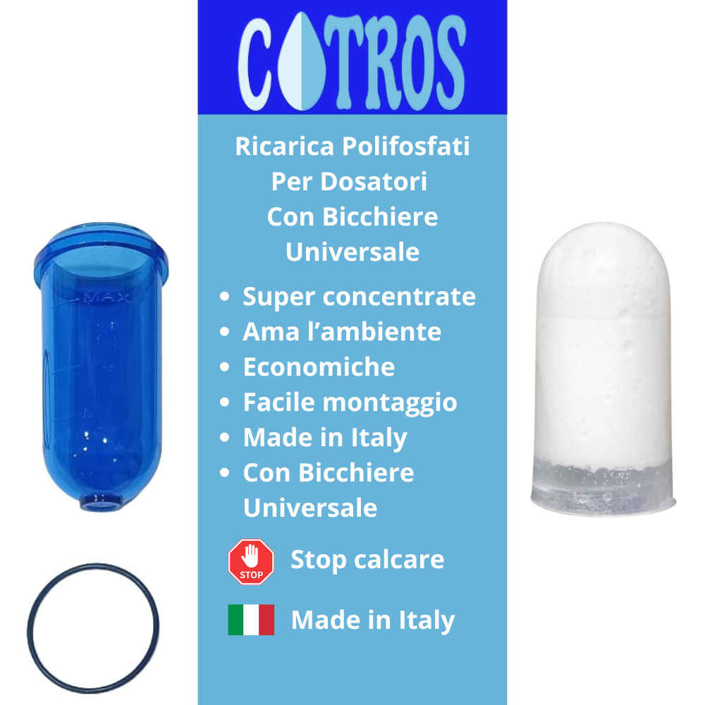 Kit ricarica pezzi 6 polifosfati per caldaie e impianti idrici universali e bcchiere