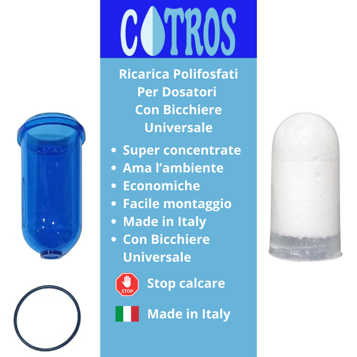 Kit ricarica pezzi 6 polifosfati per caldaie e impianti idrici universali e bcchiere
