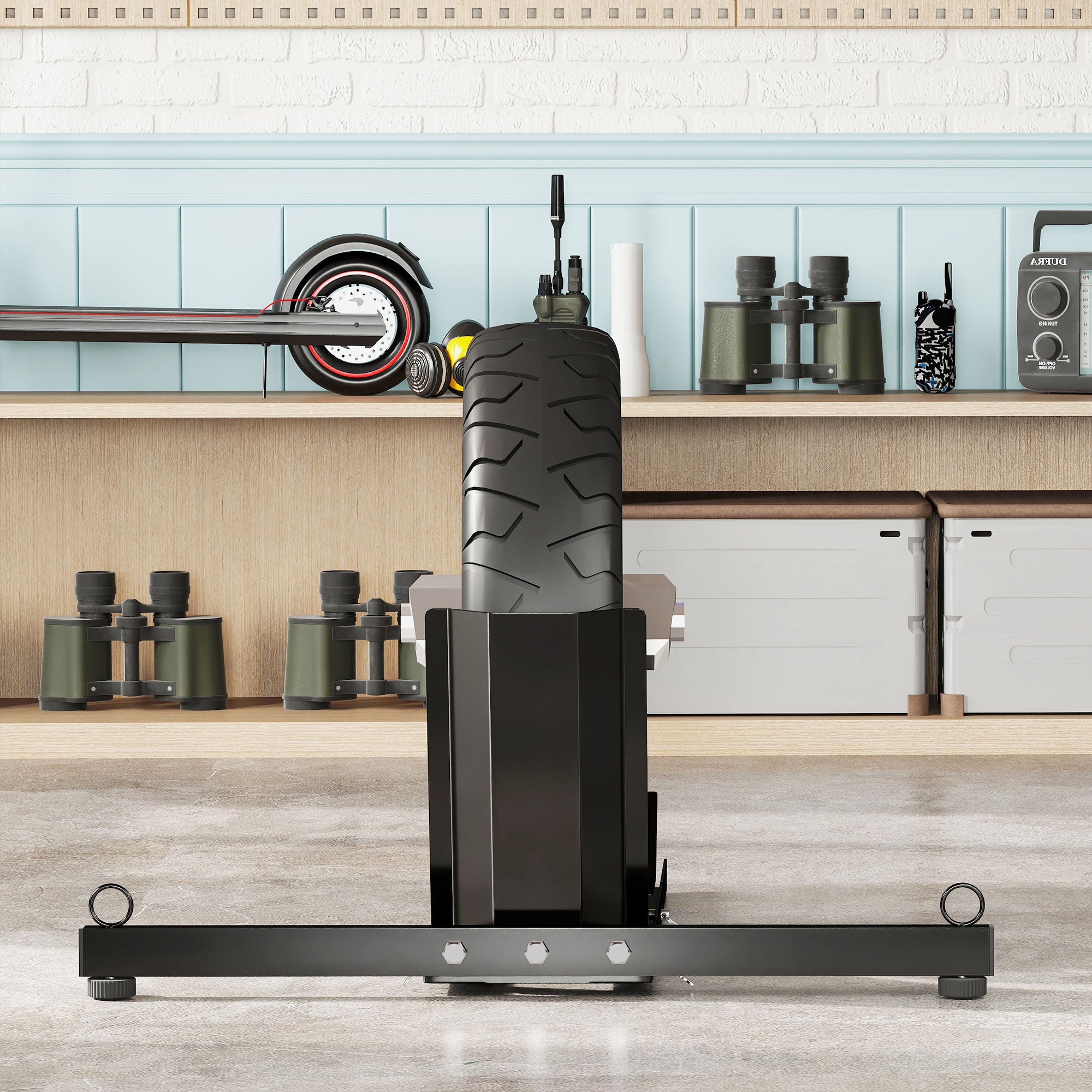 Cavalletto Bloccaruote per Moto Staffa Regolabile per Ruote Ø34-84 cm in Acciaio Nero