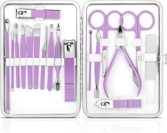 Kit di Manicure e Pedicure Professionale - 18 Strumenti per il Trattamento delle Unghie con Borsa Portatile (Viola)