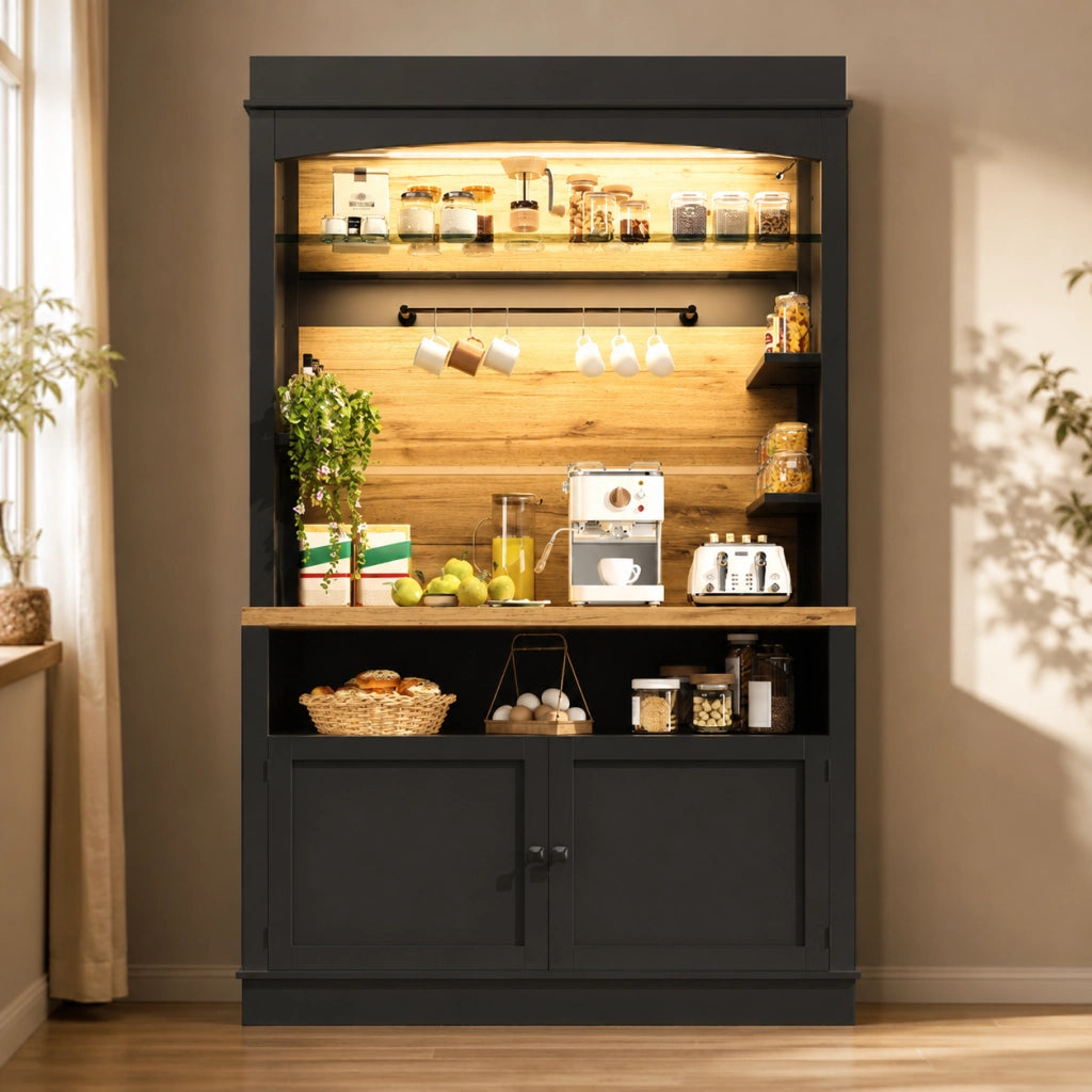 Credenza cucina 107x43x184 cm con illuminazione LED; ripiani aperti; MDF e metallo; nero