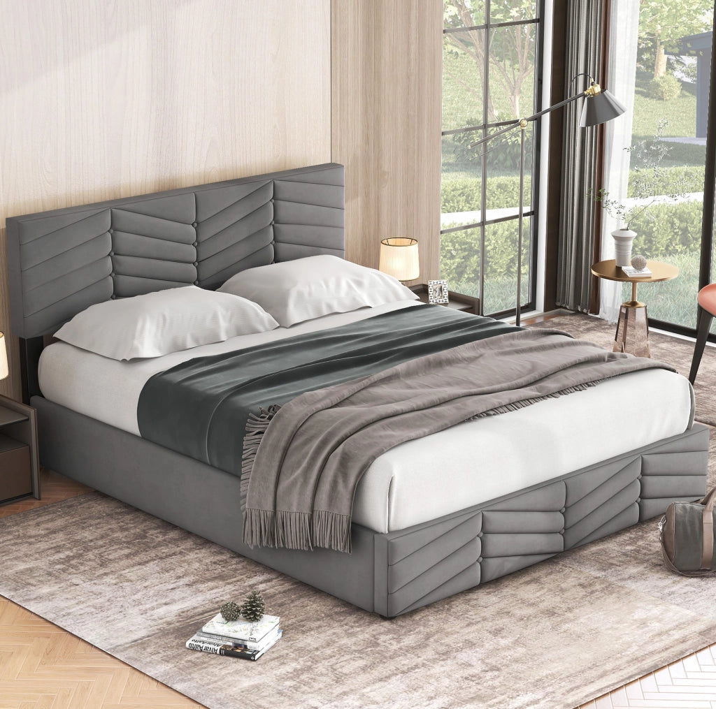 Letto imbottito matrimoniale 140x200 in velluto grigio con contenitore e testiera regolabile