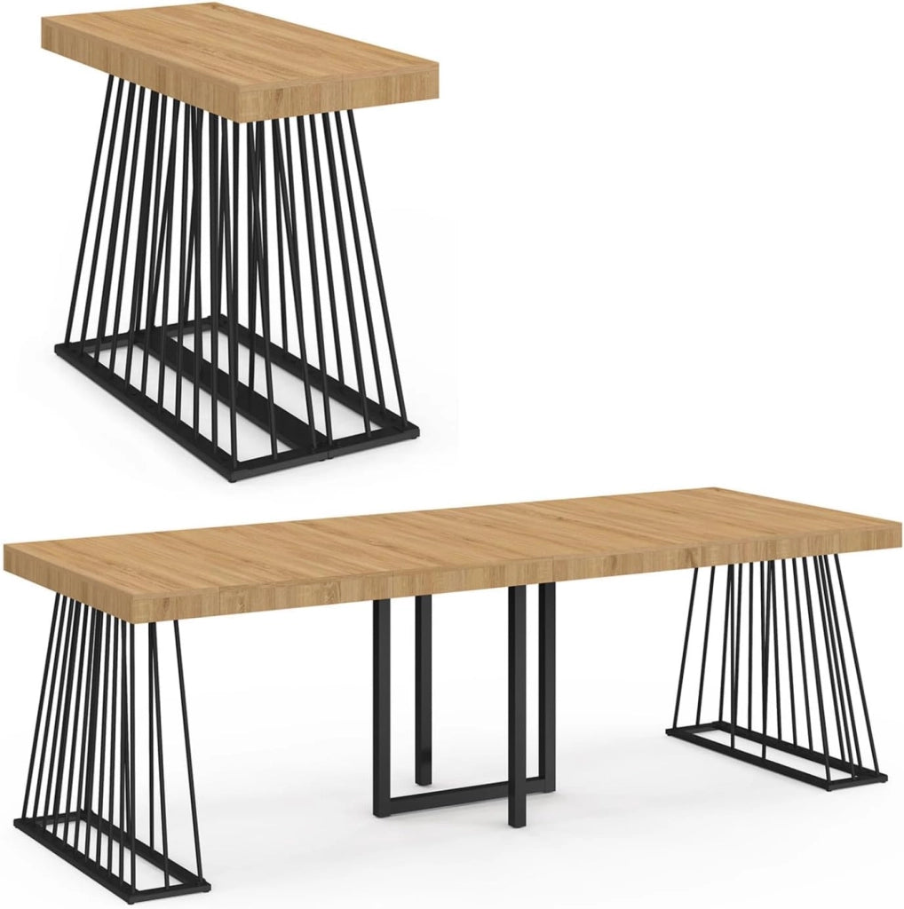 Consolle allungabile YUNA, 10 posti, 235 cm, con piano in legno e gamba in filo metallico nero